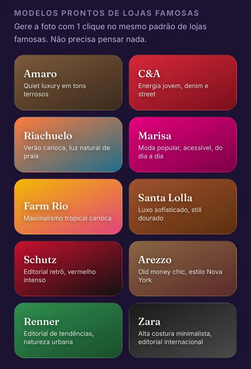 Tela do app com a grade de estilos de lojas famosas: Amaro, C&A, Riachuelo, Marisa, Farm Rio, Santa Lolla, Schutz, Arezzo, Renner e Zara