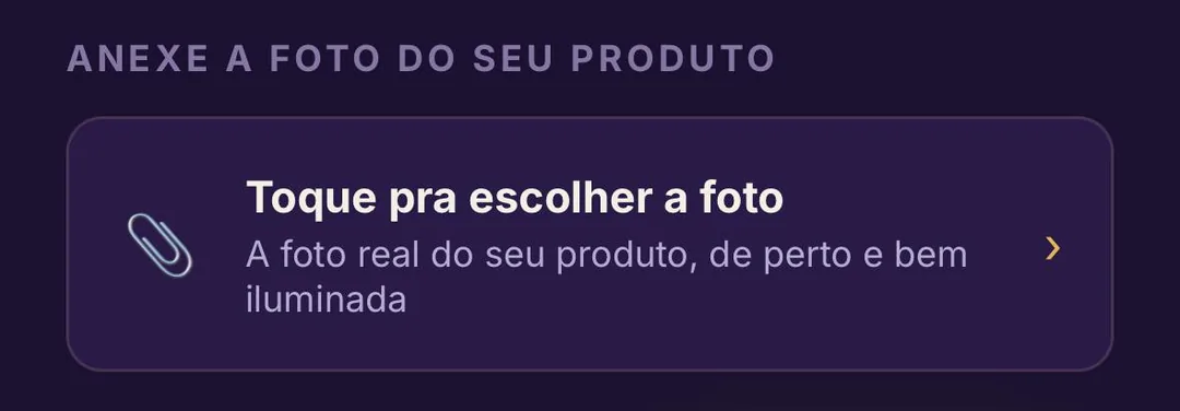 Tela do app com o botão Toque pra escolher a foto do seu produto