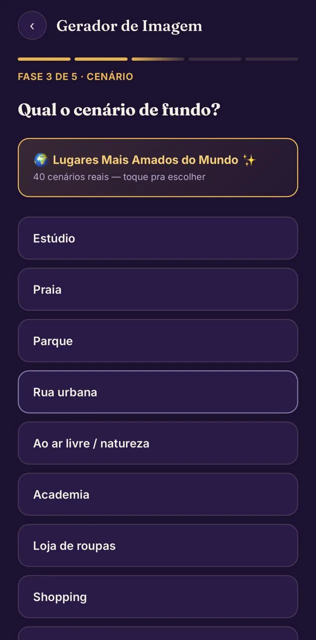 Tela do app perguntando qual o cenário de fundo, com opções de toque como Estúdio, Praia e Rua urbana
