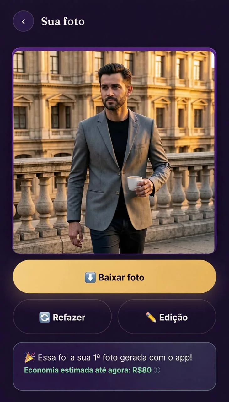 Tela do app com a foto pronta do blazer num café e o botão dourado Baixar foto