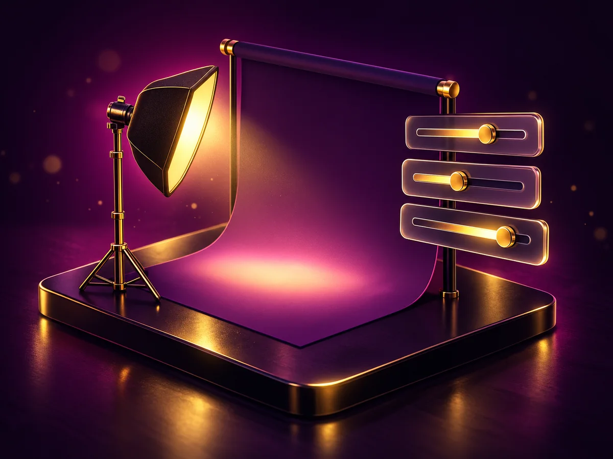 Ilustração 3D de um mini estúdio fotográfico com controles