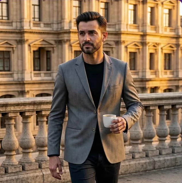 Foto gerada no app: blazer cinza com café